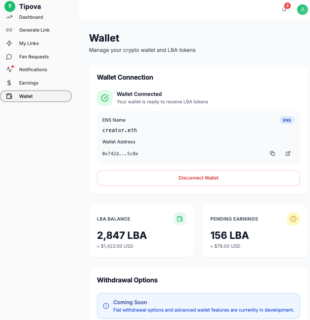Tipova Wallet Dashboard